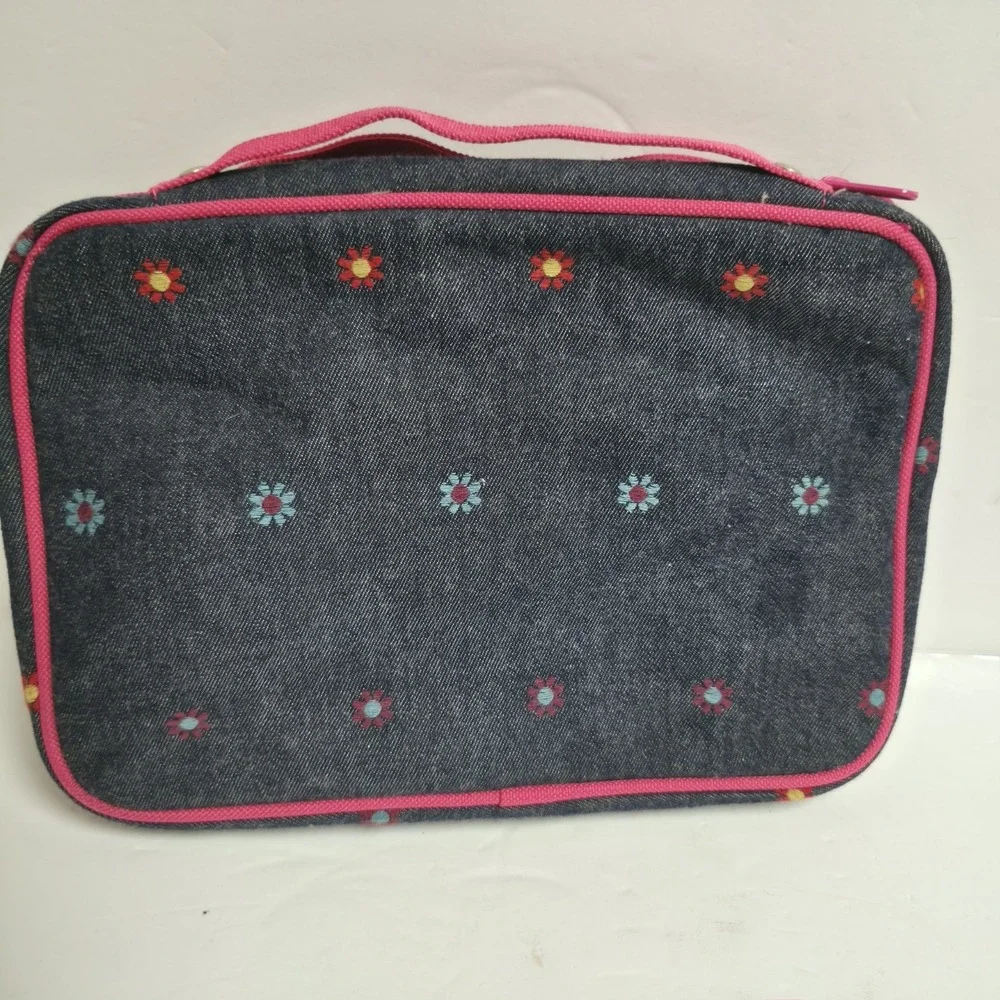 Vintage 2005 Thomas Nelson Flower Power Denim Bible Cover Case Large w/ Pouch